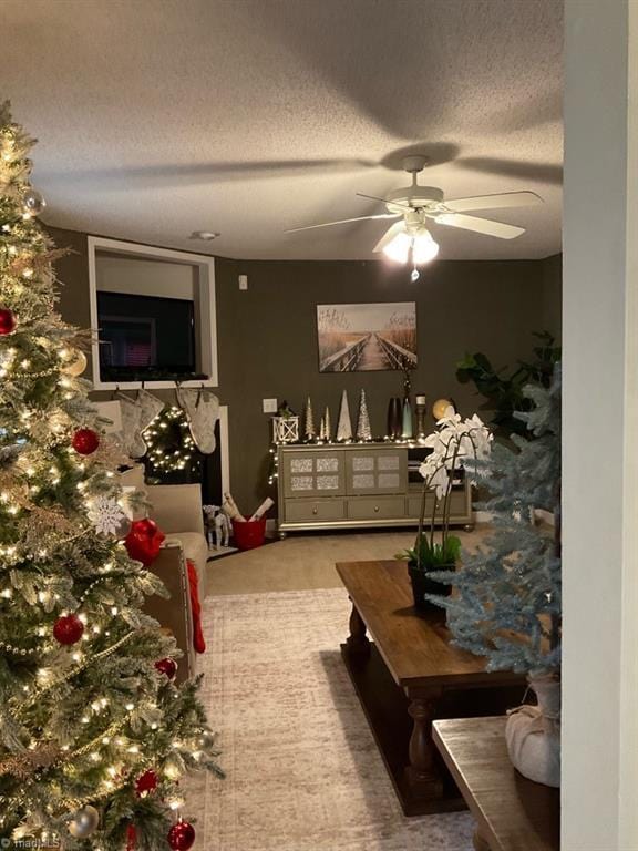 living room featuring ceiling fan and a textured ceiling