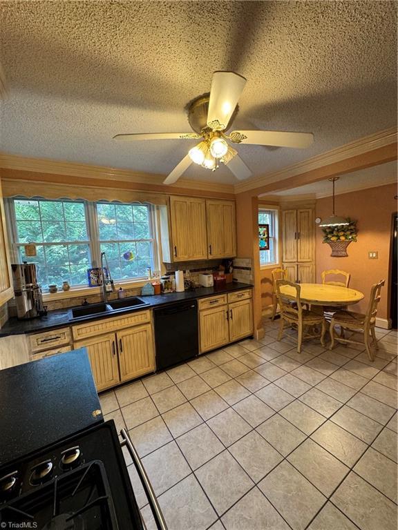 209 Abernathy St NW, Lenoir, NC 28645 - kitchen with black dishwasher, a textured ceiling, crown molding, a sink, and light tile patterned floors