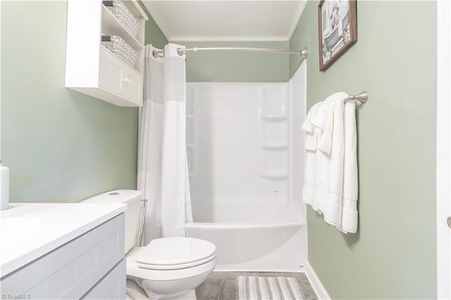 full bathroom with toilet, ornamental molding, vanity, shower / bathtub combination with curtain, and hardwood / wood-style flooring