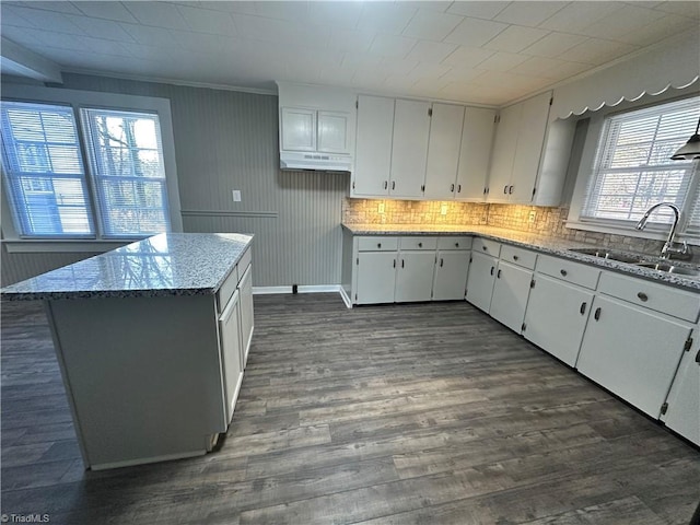 kitchen with a kitchen island, sink, white cabinets, light stone countertops, and dark wood-type flooring