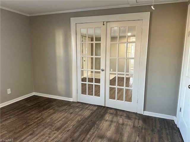 interior space featuring french doors, dark hardwood / wood-style flooring, and crown molding