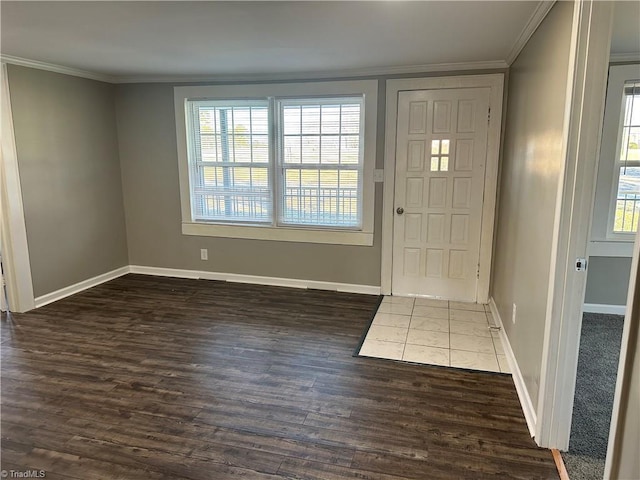 entryway featuring crown molding, a healthy amount of sunlight, and dark hardwood / wood-style flooring