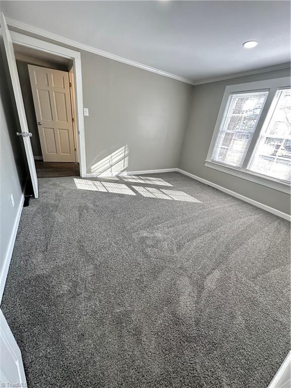 carpeted empty room with ornamental molding