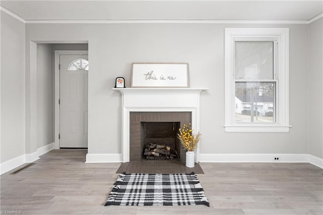 living room featuring wood finished floors, a fireplace, baseboards, and ornamental molding