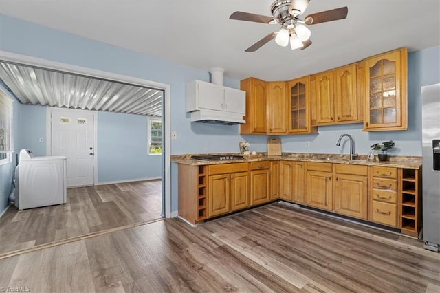 2102 Bothwell St, Greensboro, NC 27401 - kitchen with wood finished floors, under cabinet range hood, a ceiling fan, glass insert cabinets, and a sink