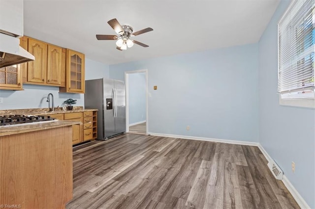 2102 Bothwell St, Greensboro, NC 27401 - kitchen featuring appliances with stainless steel finishes, a ceiling fan, dark wood-style floors, under cabinet range hood, and light countertops