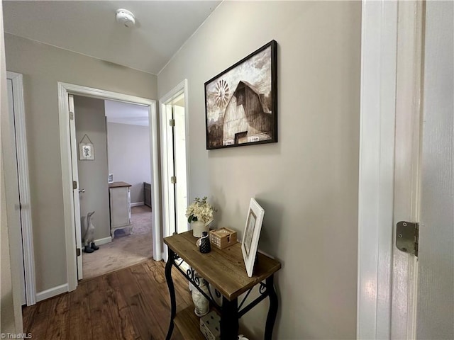 hallway with dark hardwood / wood-style flooring