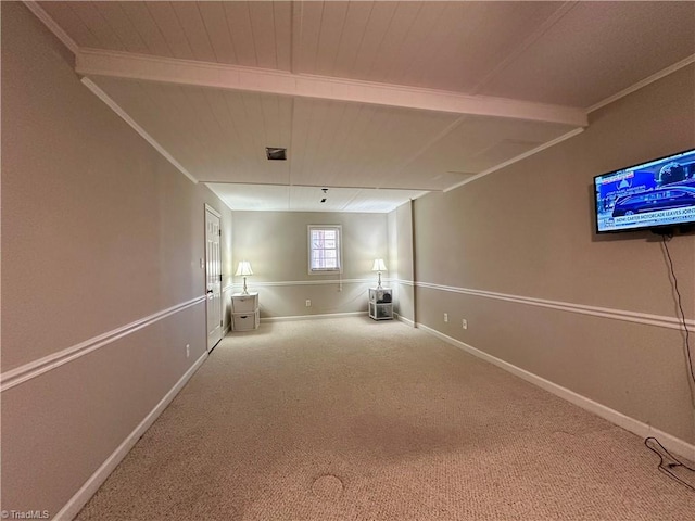 basement with carpet flooring and wooden ceiling