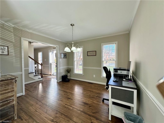 home office featuring crown molding, dark wood-type flooring, and a chandelier