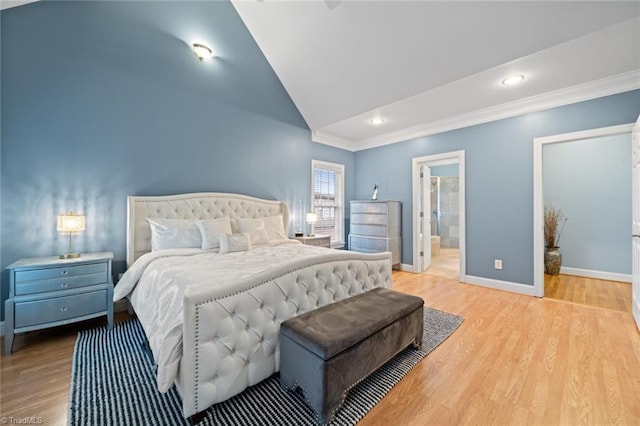 bedroom featuring crown molding, baseboards, lofted ceiling, recessed lighting, and wood finished floors