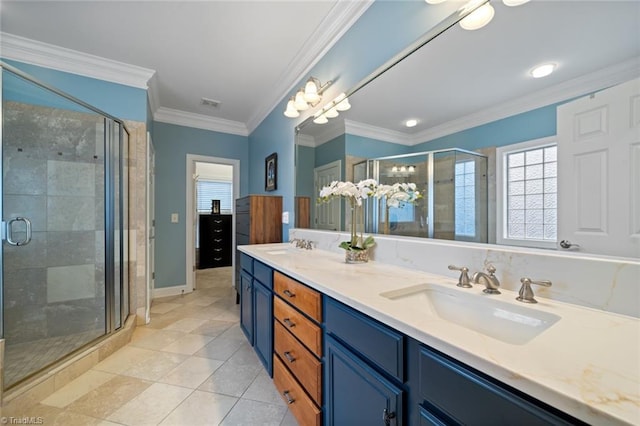 bathroom featuring visible vents, double vanity, a stall shower, a sink, and crown molding