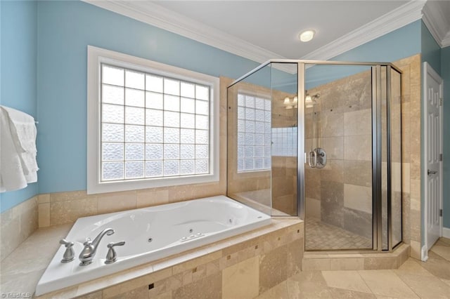 bathroom featuring a stall shower, a whirlpool tub, and ornamental molding