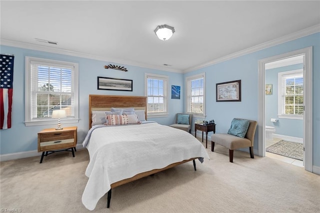 bedroom featuring visible vents, light colored carpet, multiple windows, and ornamental molding