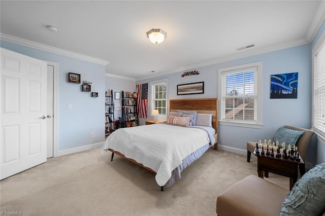 bedroom featuring visible vents, light colored carpet, and multiple windows