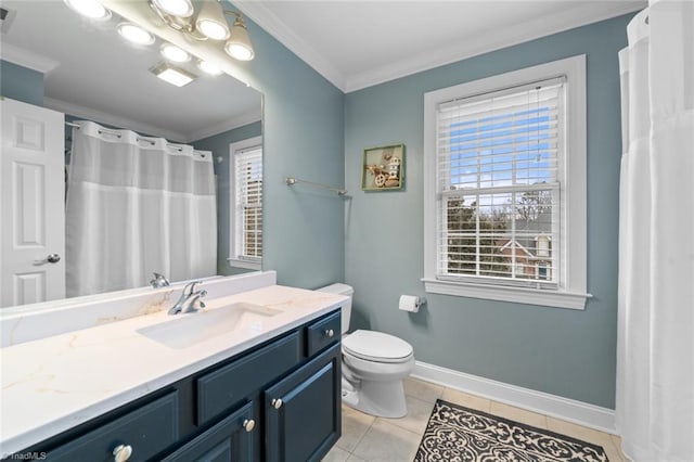 full bath with baseboards, toilet, ornamental molding, tile patterned floors, and vanity