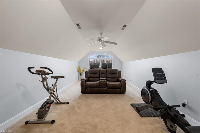 workout area featuring visible vents, lofted ceiling, carpet, and a ceiling fan