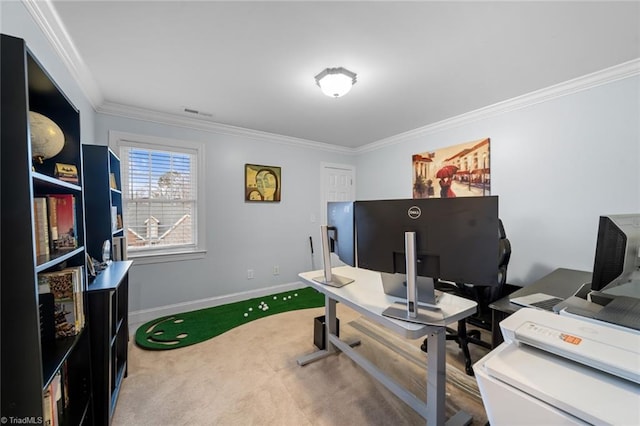 office area featuring visible vents, baseboards, light colored carpet, ornamental molding, and golf simulator