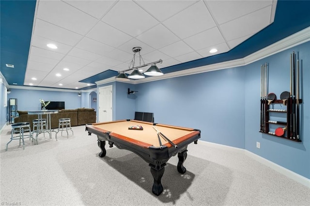 game room featuring crown molding, recessed lighting, baseboards, and carpet floors