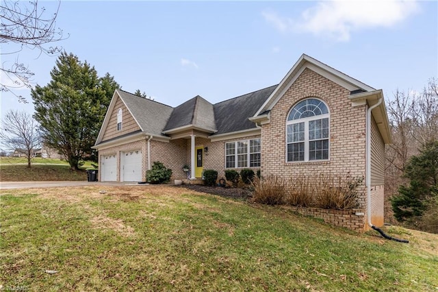 view of property featuring a garage and a front lawn