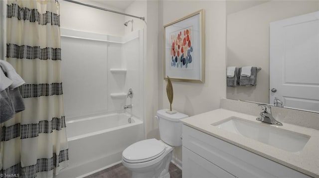 full bathroom with hardwood / wood-style flooring, vanity, toilet, and shower / bathtub combination with curtain