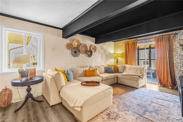 living area featuring beam ceiling, wood finished floors, and ornamental molding