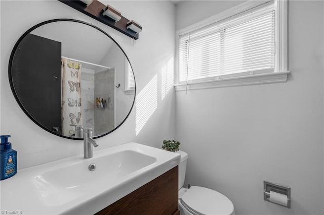 full bathroom featuring a shower with curtain, toilet, and vanity