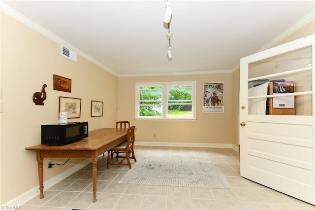 office area with visible vents, baseboards, light tile patterned flooring, and ornamental molding