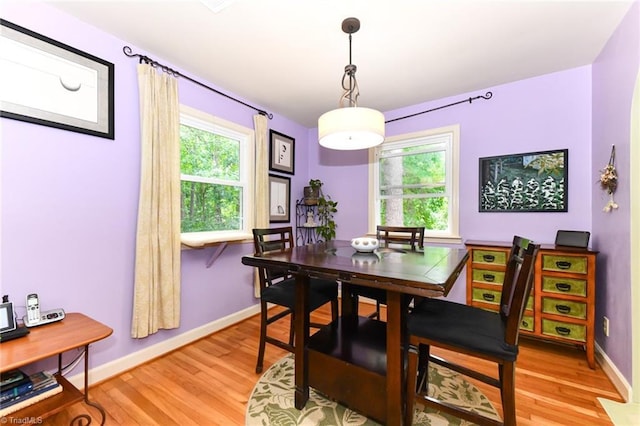 dining room featuring a wealth of natural light, light wood-type flooring, and baseboards