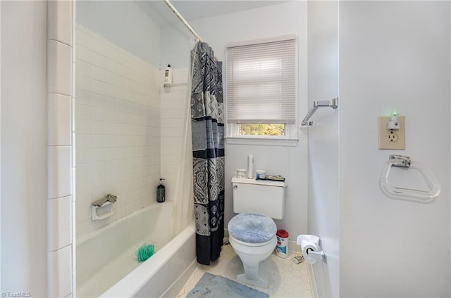 bathroom with toilet, shower / bath combination with curtain, and tile patterned floors