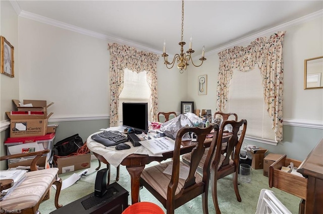 carpeted dining area featuring a chandelier and crown molding