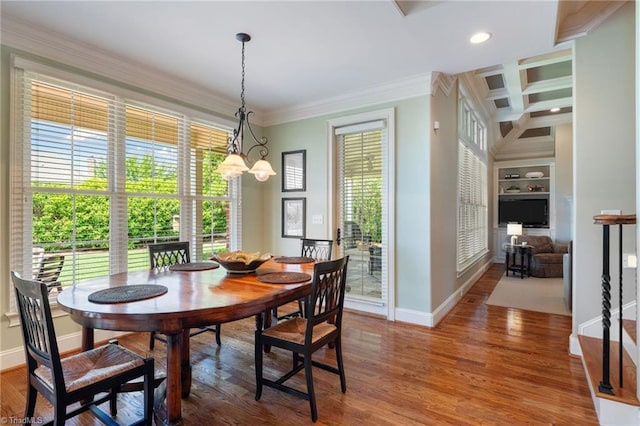 5459 Brookberry Farm Rd, Winston-Salem, NC 27106 - dining room with crown molding, baseboards, built in shelves, wood finished floors, and recessed lighting