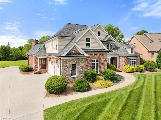 5459 Brookberry Farm Rd, Winston-Salem, NC 27106 - view of front of house featuring driveway, a front yard, a chimney, and brick siding