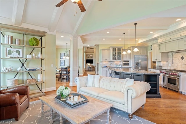 5459 Brookberry Farm Rd, Winston-Salem, NC 27106 - living room featuring a ceiling fan, wood finished floors, crown molding, recessed lighting, and baseboards