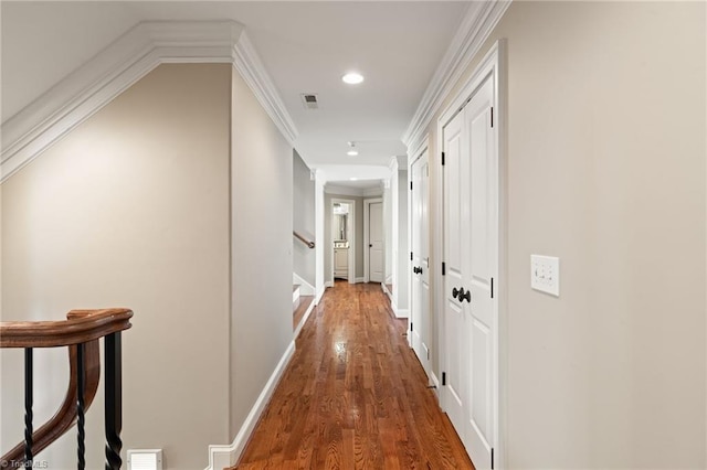 5459 Brookberry Farm Rd, Winston-Salem, NC 27106 - corridor featuring recessed lighting, wood finished floors, stairs, baseboards, and ornamental molding