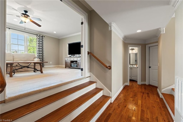 5459 Brookberry Farm Rd, Winston-Salem, NC 27106 - corridor with crown molding, baseboards, recessed lighting, stairs, and wood finished floors