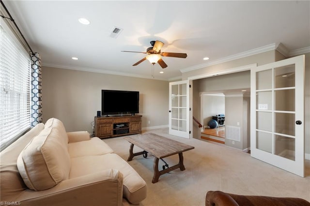 5459 Brookberry Farm Rd, Winston-Salem, NC 27106 - living area with ceiling fan, light colored carpet, french doors, ornamental molding, and recessed lighting