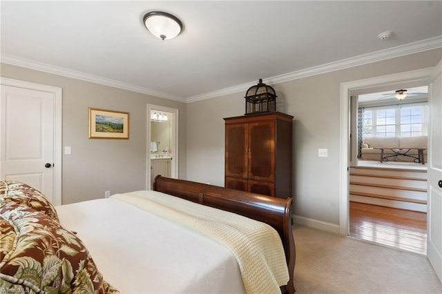 5459 Brookberry Farm Rd, Winston-Salem, NC 27106 - bedroom featuring crown molding, baseboards, light colored carpet, and connected bathroom