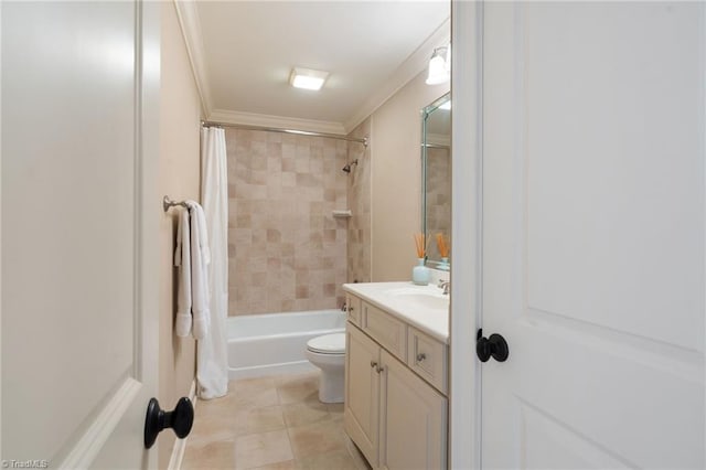 5459 Brookberry Farm Rd, Winston-Salem, NC 27106 - bathroom with vanity, shower / bath combo with shower curtain, ornamental molding, tile patterned floors, and toilet