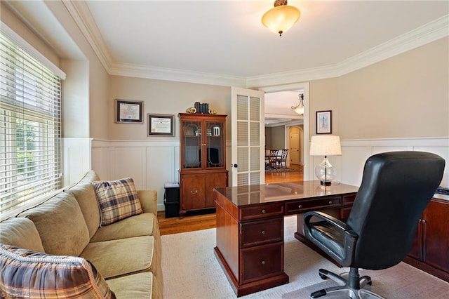 5459 Brookberry Farm Rd, Winston-Salem, NC 27106 - office area featuring crown molding, a wainscoted wall, light wood-type flooring, and a decorative wall