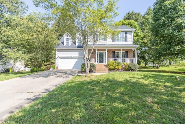 7905 Cress Ct, Oak Ridge, NC 27310 - traditional-style home with a porch, a front lawn, concrete driveway, a garage, and brick siding