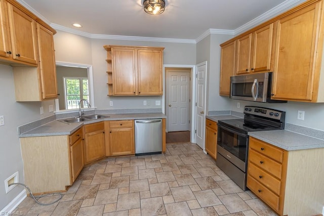 7905 Cress Ct, Oak Ridge, NC 27310 - kitchen featuring appliances with stainless steel finishes, a sink, stone finish flooring, open shelves, and crown molding