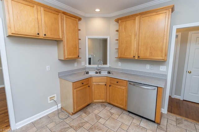 7905 Cress Ct, Oak Ridge, NC 27310 - kitchen with dishwasher, a sink, open shelves, baseboards, and light countertops