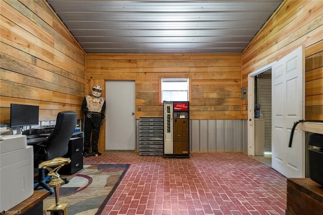 207 Bingham St, Carthage, NC 28327 - office space featuring brick floors, wood walls, and wooden ceiling