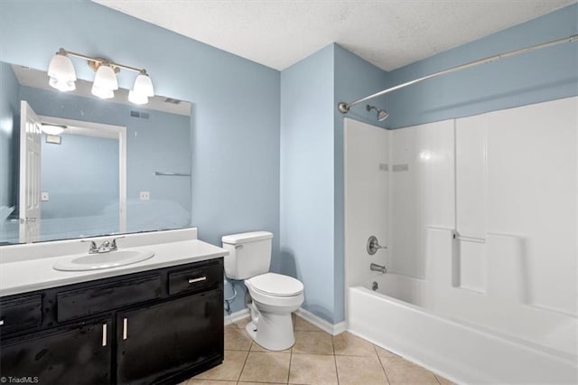 full bathroom with tub / shower combination, vanity, a textured ceiling, toilet, and tile patterned floors