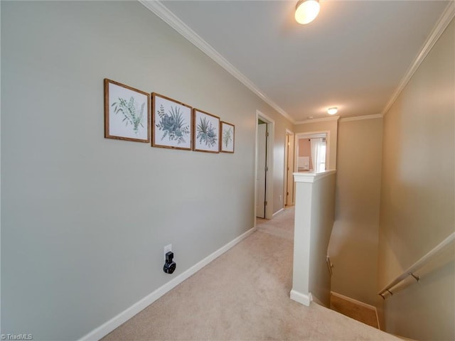 corridor featuring light carpet and crown molding