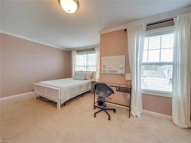 carpeted bedroom featuring ornamental molding