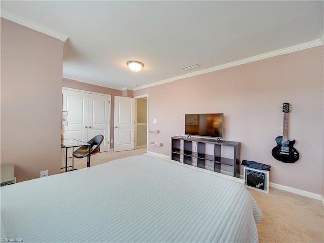 bedroom featuring light colored carpet, a closet, and crown molding