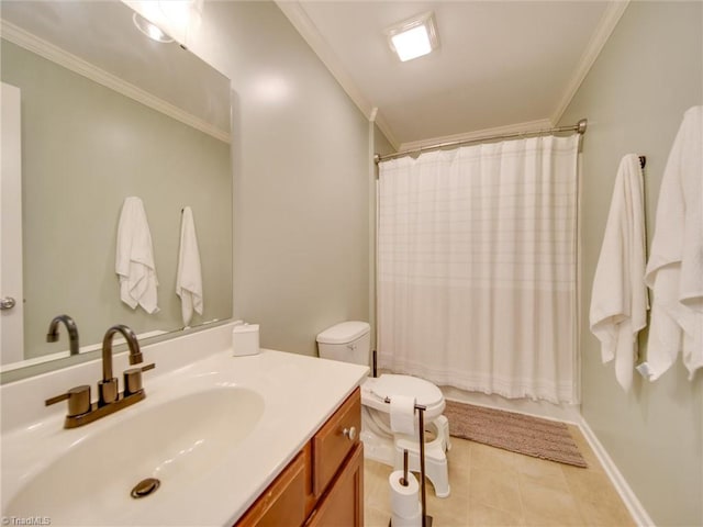 full bathroom featuring shower / bath combination with curtain, tile patterned floors, ornamental molding, vanity, and toilet