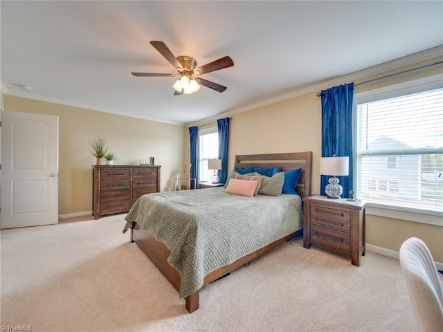 carpeted bedroom with ornamental molding, multiple windows, and ceiling fan