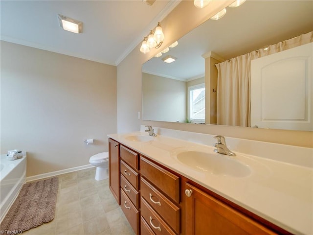 bathroom with toilet, a washtub, vanity, and ornamental molding